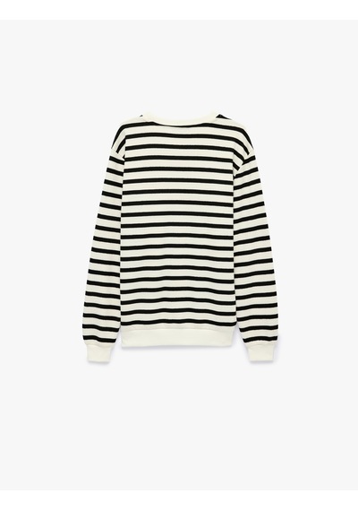 Koton Uzun Kollu Üç İplik Şardonlu Bisiklet Yaka Çizgili Sweatshirt Siyah Çizgili 7wam70265mk