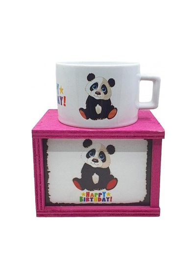 Panda Happy Birthday Doğum Günü Konsept Ahşap Kutulu Kupa Bardak