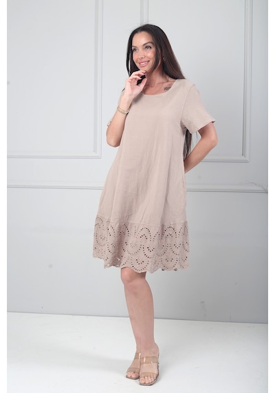 By Saygı Kadın İtalyan Kısa Kollu Eteği Fisto Astarlı Cepli Cotton Midi Elbise Bej