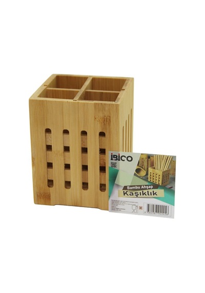 İbico İ22-245 4 Bölmeli Büyük Pencereli Kare Ahşap Bambu Kaşıklık Organizer 11x11cm