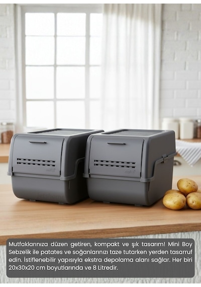 2'li Mini Boy Patates Soğan Sepeti Bpa Free Sebzelik Organizer Kutu Motek Antrasit 8 L Antrasit