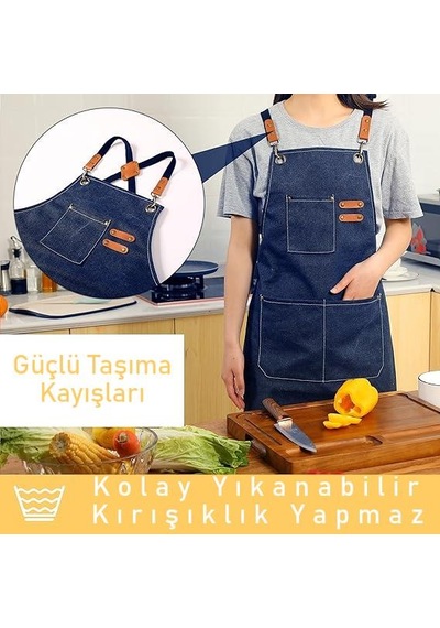 Valkyrie Unisex Kanvas Mutfak Önlüğü Ayarlanabilir Askılı Cepli Barista Garson Servis Önlüğü Lacivert