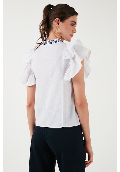 Lela Pamuklu Regular Fit Nakış Işlemeli Bayan Bluz 611Bz0253 Beyaz-Indigo
