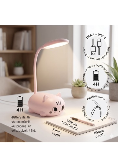 My Kitty Şarj Edilebilir Esnek Boyunlu Led Masa Lambası - Göz Dostu Gece Lambası Pembe