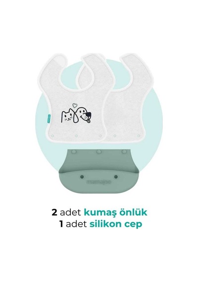 Mamajoo Silikon & Kumaş Katlanır Mama Önlüğü | 2-in-1 Powder Green + Kumaş Önlük