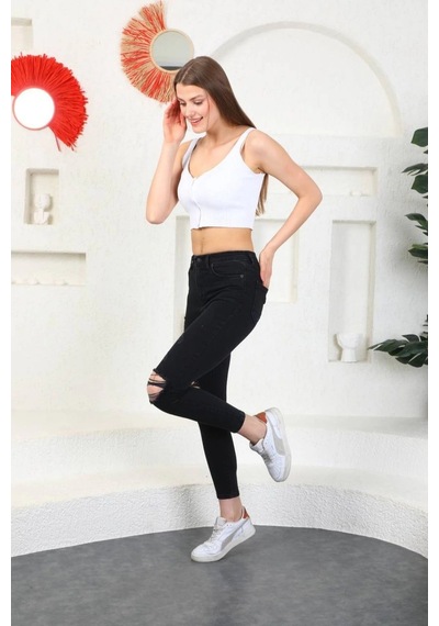 Füme Diz Yırtık Yüksek Bel Pantolon Skinny Jeans Füme