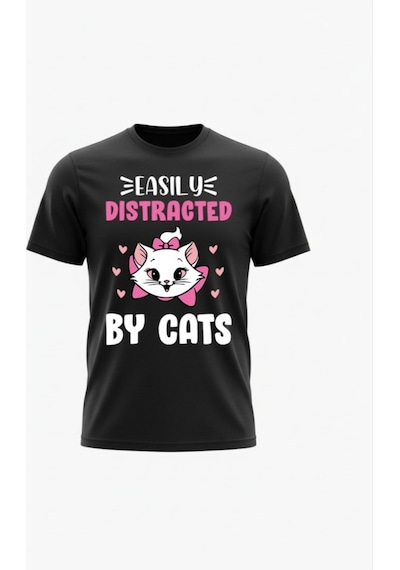Urbantrendstore Kedili Tişört Kedi Baskılı Yarım Oversize Pamuklu Biskilet Ve Yuvarlak Yaka Tişört Tshirt Siyah