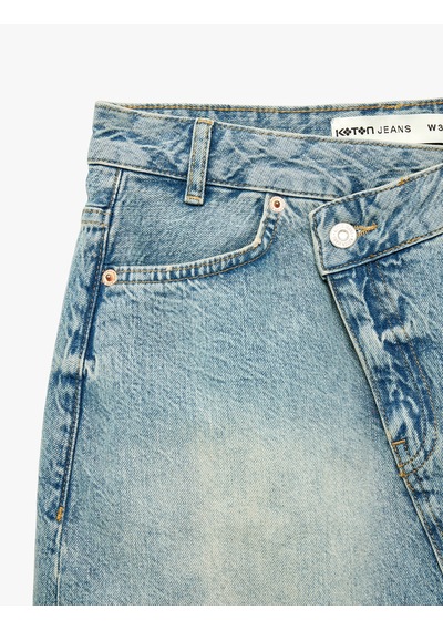 Koton Pamuklu Cepli Düğmeli Asimetrik Mini Denim Etek Orta İndigo 6sal70041md