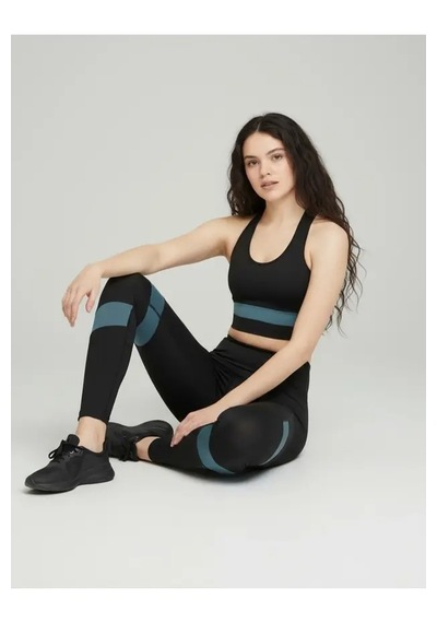 Ayle Moda Kadın Spor Takım Büstiyer + Yüksek Bel Tayt Seti Siyah Mavi Şerit Detaylı Fitness Kombin Siyah - Mavi