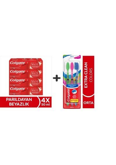 Colgate Optic White Parıldayan Beyazlık 50 Ml X4 Adet + Extra Clean Colors Diş Fırçası 3lü Beyazlık