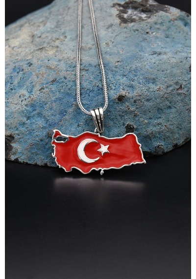 Türk Bayrağı Ay Yıldızlı Mineli 925 Ayar Gümüş Kolye Zincir 901119