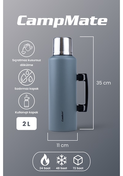 Cooker Campmate 2 Litre Paslanmaz Çelik Termos Gri