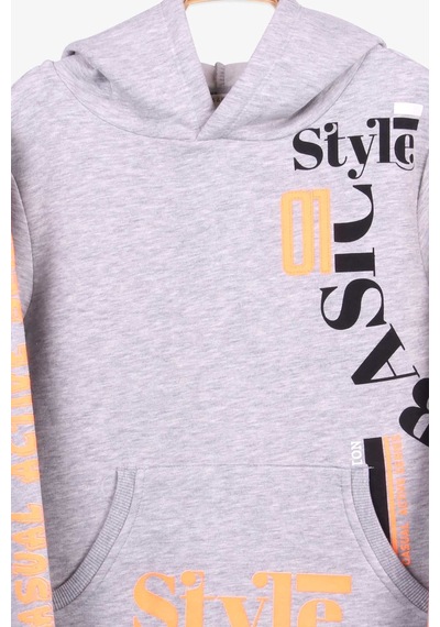 Breeze Erkek Çocuk Sweatshirt Baskılı Kapüşonlu 9-14 Yaş, Gri Melanj Gri