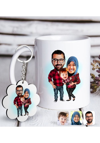 Kişiye Özel Tesettürlü Aile Karikatürlü Beyaz Kupa Ve Anahtarlık N11.834