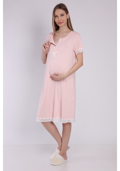 Luvmabelly Myra9592 Önden Çıt Çıtlı Dantelli Hamile Geceliği -pembe-pembe