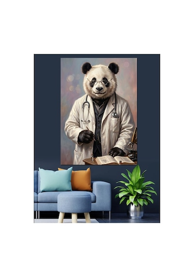Doktor Önlüğü Giymiş Bilge Panda Yağlı Boya Dokulu Kanvas Tablo Canvas Tablosu