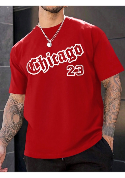 Chicago 23 T-shirt - Kırmızı Baskılı Oversize Bisiklet Yaka Kısa Kol Tişört Kırmızı
