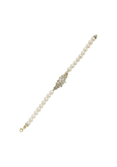 7,5 Mm Çiçek Tasarımlı Zirkon Taşlı Doğal İnci Bileklik 18 Cm / Sarı Gümüş