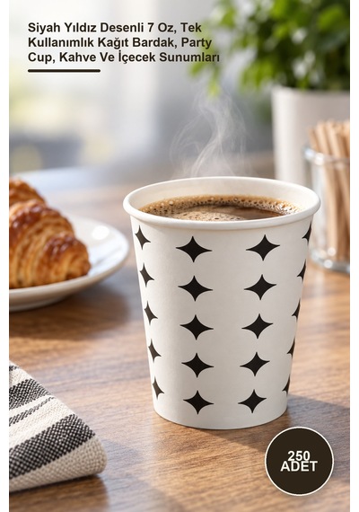 250 Adet Karton Bardak Siyah Yıldız Desenli 7 Oz, Tek Kullanımlık Kağıt Bardak, Party Cup, Kahve Ve İçecek Sunumları Diğer
