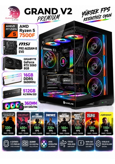 Gameline BLACK R5-7500F 16 GB 512 GB NVMe SSD RTX5060 Free Dos Masaüstü Oyuncu Bilgisayarı