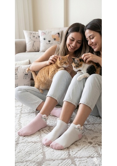 Heren Socks 2'li Kedi Tüylü Patik Açık Pembe - Beyaz