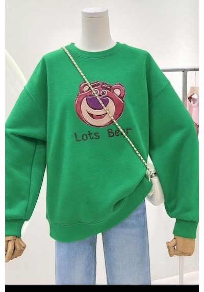 Benroma 3 İplik Penye Lost Bear Baskılı Unisex Sweatshırt Yeşil