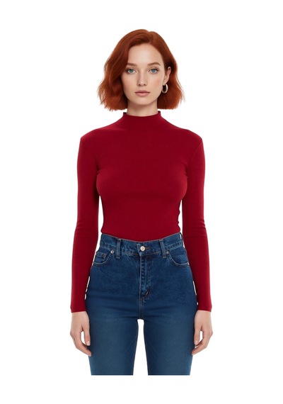 Ersefa Moda Dik Yaka Örme Slim Düz Desen Casual Günlük Regular Uzun Kol bordo