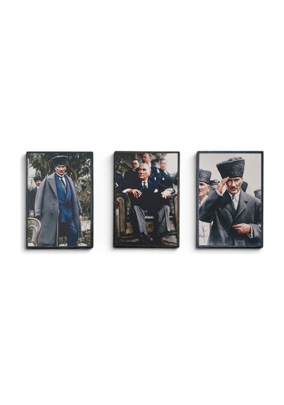 Hediyelik Atatürk Ahşap Magnet Seti 3 Adet - No:2 Kaliteli İşçilik Özel Baskı Karışık Renkli