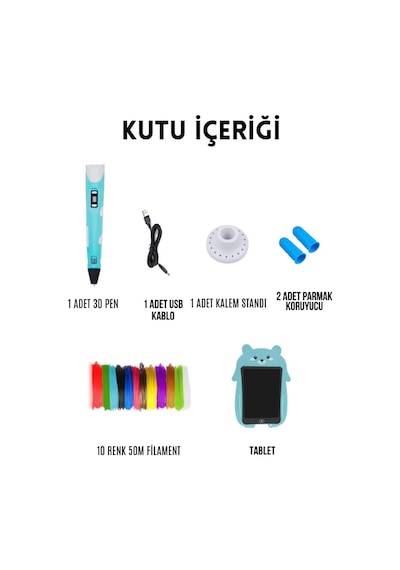 Mavi 3D Kalem 3D Pen Yazıcı Kalem | 50 Metre PLA Filament + Grafik Tablet + USB Kablo