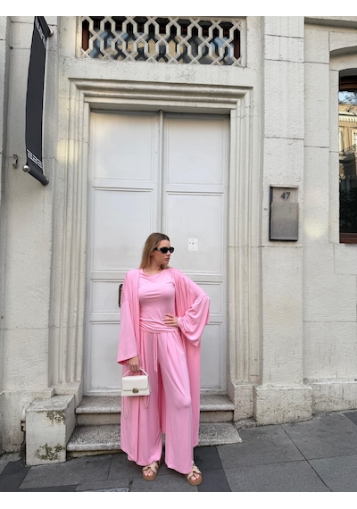 Bonacosa Kadın Viskon 3 Lü Takım Kimono + Beli Lastikli Salaş Pantolon + Kısa Kol Tshirt 8 Renk Pembe Bonacosa Kadın Viskon 3 Lü Takım Kimono + Beli Lastikli Salaş Pantolon + Kısa Kol Tshirt 8 Renk Pembe