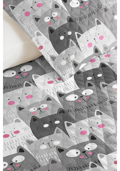 Gri Kedi Desenli Genç Odası Tek Kişilik Pike Takımı - Sevimli Pembe 160x220 Cm Kapitone Yatak Örtüsü Bulanık Saman Uyumu