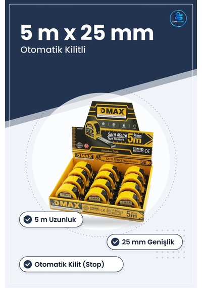 Çelik Şerit Metre 5 M X 25 Mm Otomatik Kilitli Stoplu Hırdavat İn