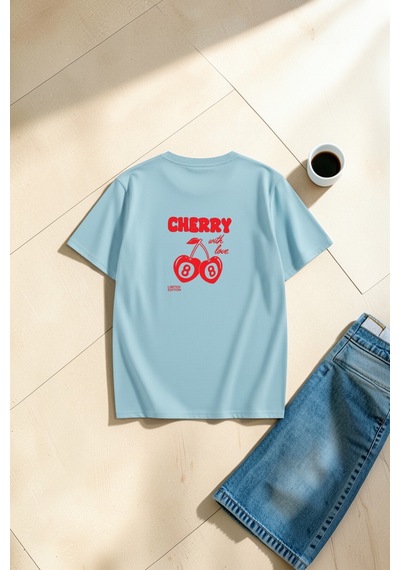 Uyguntarz Unisex With Love Cherry Baskılı Tasarım Oversize Tişört Bebe Mavisi