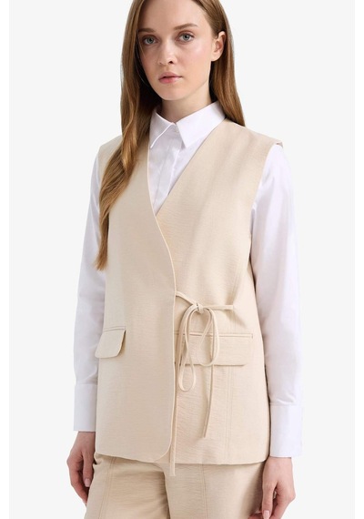 DeFacto V Yaka Bağcıklı Basic Düz Blazer Yelek E4358AX25SPBG702 Bej