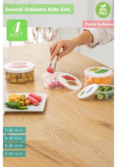 4 Lü Desenli Saklabı Kabı Seti Erzak Kabı Buzdolabı Kabı Yuvarlak Bpa Free Şeffaf
