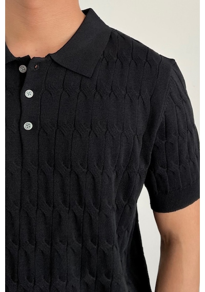 Tarz Cool Erkek İnce Saç Örgülü Düğmeli Slim Fit Polo Yaka Triko T-shirt Siyah