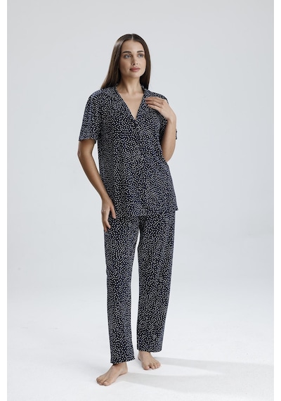Kompedan Kadın Puantiye Desen Önden Düğmeli Pijama Takım Lacivert P. Laci