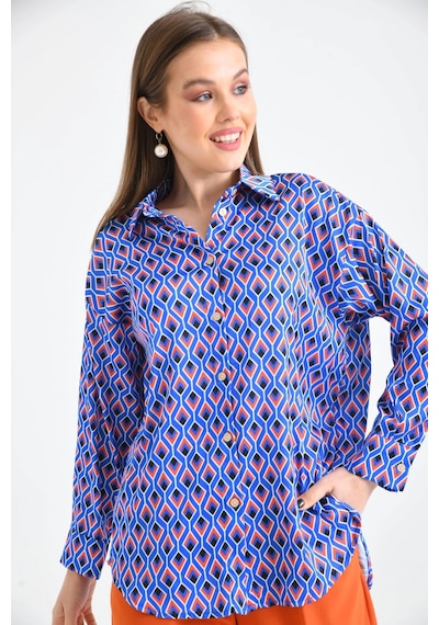 Saks Desenli Oversize Uzun Kol Basic Saten Gömlek 001