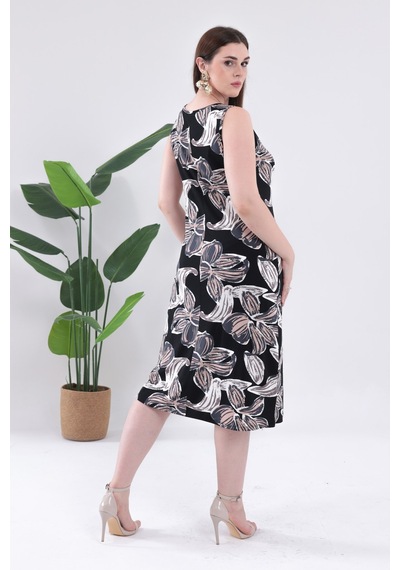 Madwilo Kadın Siyah Bej Floral Desen Askılı Büyük Beden Elbise Siyah - Sarı