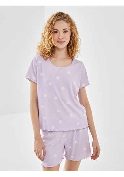 Lcw Young Lila Bisiklet Yaka Çiçekli Kadın Şortlu Pijama Takımı