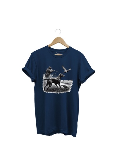 Avcılık Temalı Kuş Avı Ve Av Köpeği Baskılı %100 Pamuk Regular Fit Lacivert T-shirt Lacivert