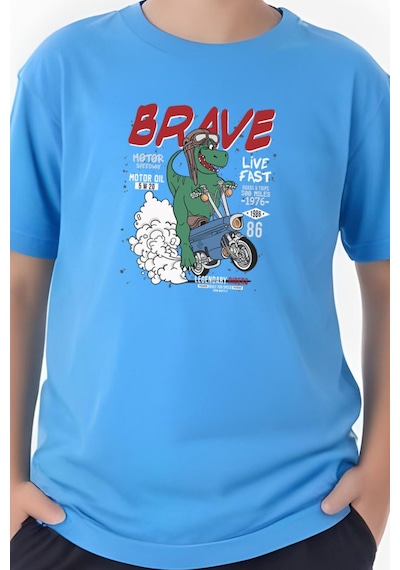 Panios Kids Brave Baskılı Erkek Çocuk Kısa Kollu Tişört Mavi