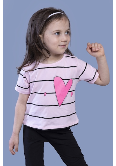Toontoy Kids Toontoy Kız Çocuk Çizgli Kalp Baskılı Taş İşlemeli Tişört Açık Pembe