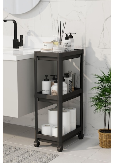 3 Katlı Tekerlekli Mutfak Rafı, Terek, Banyo Rafı, Siyah Siyah