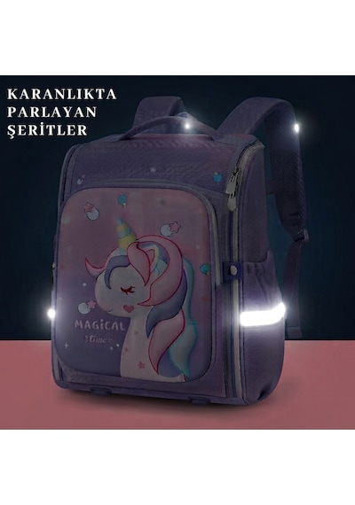Unicorn 3D Desenli Kız Çocuk Kreş ve Anaokulu Okul Çantası Mor Açık Pembe