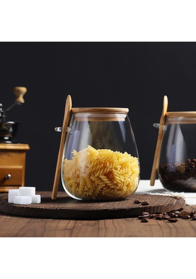 Tombul 3lü Borosilikat Cam Bambu Kapaklı Kavanoz Baharatlık Seti 600 Ml Şeffaf