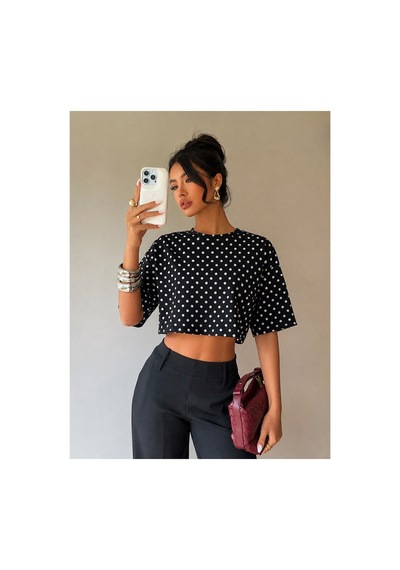 Hımmelduf Kadın Puantiye Desenli Crop Tişört Basic Oversize Yazlık Bluz Siyah
