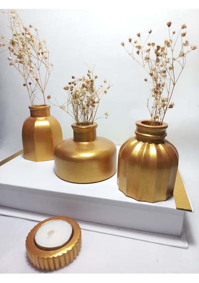 Modern Minimal Vazo Set 3'lü, Ev & Ofis Hediyelik, Dekoratif Obje, Gold