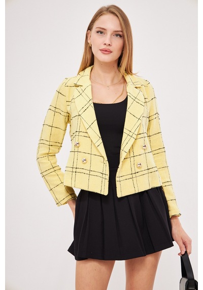 Armonika Kadın Sarı-siyah Kruvaze Yaka Tüvit Crop Ceket Arm-24k001014