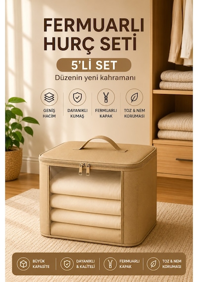 5'li Set Mor Şeffaf Kapaklı Hurç 28x32x15 Cm Orta Boy Dolap İçi Kıyafet Ve Havlu Düzenleyici Altın